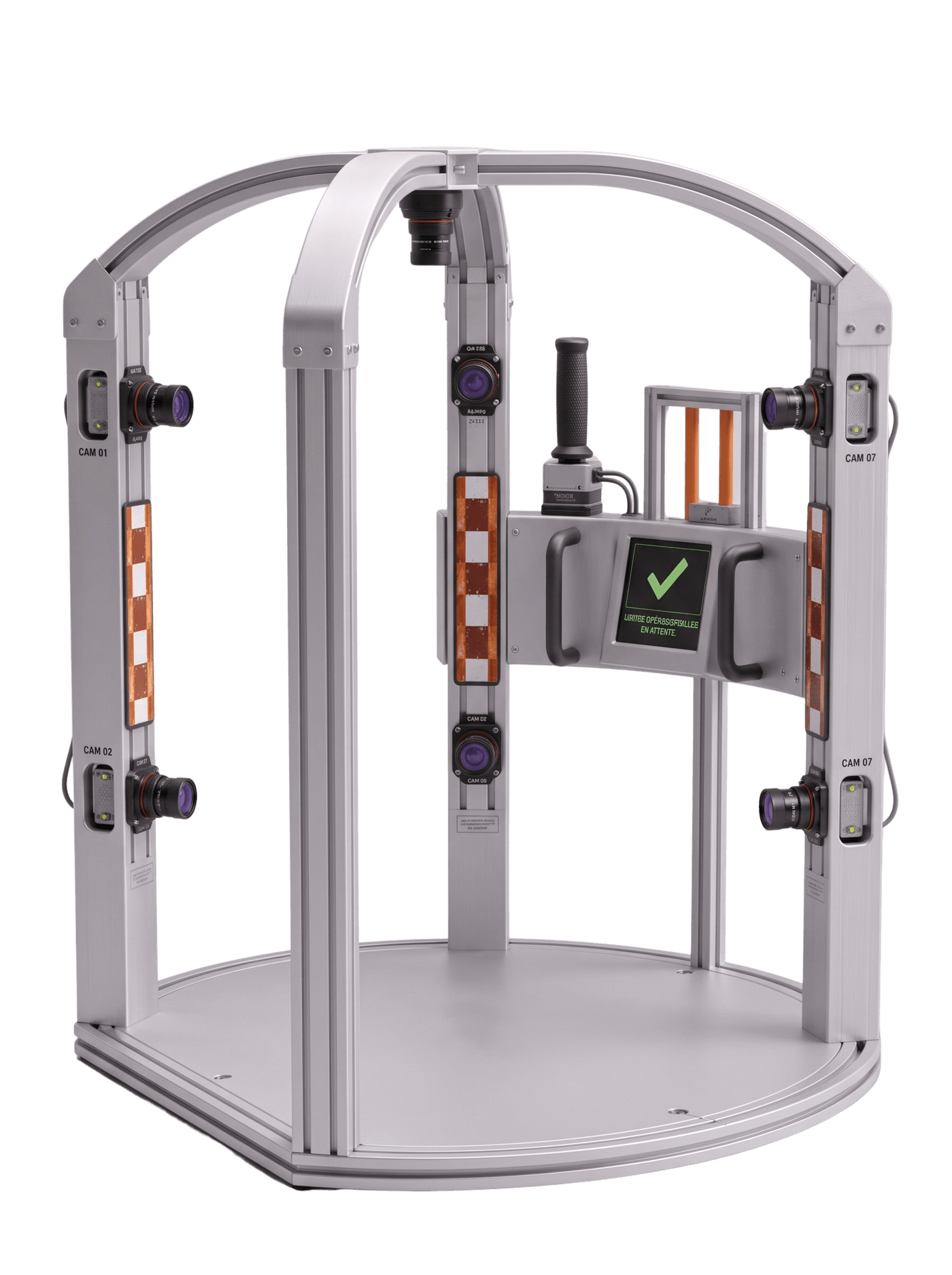 Design render of the test station: an aluminium-framed cell on a circular base plate, calibrated camera positions numbered around its uprights, printed reference targets down each upright, a reference handle, and an operator panel.